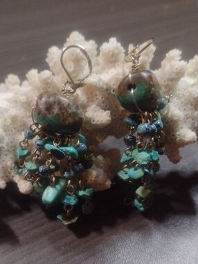 Vintage Turquoise Cluster Dangle Earrings - Green/Blue Gemstone Jewelry